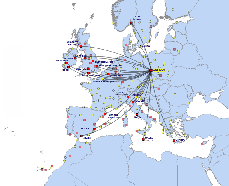 Ryanair route map from Wroclaw