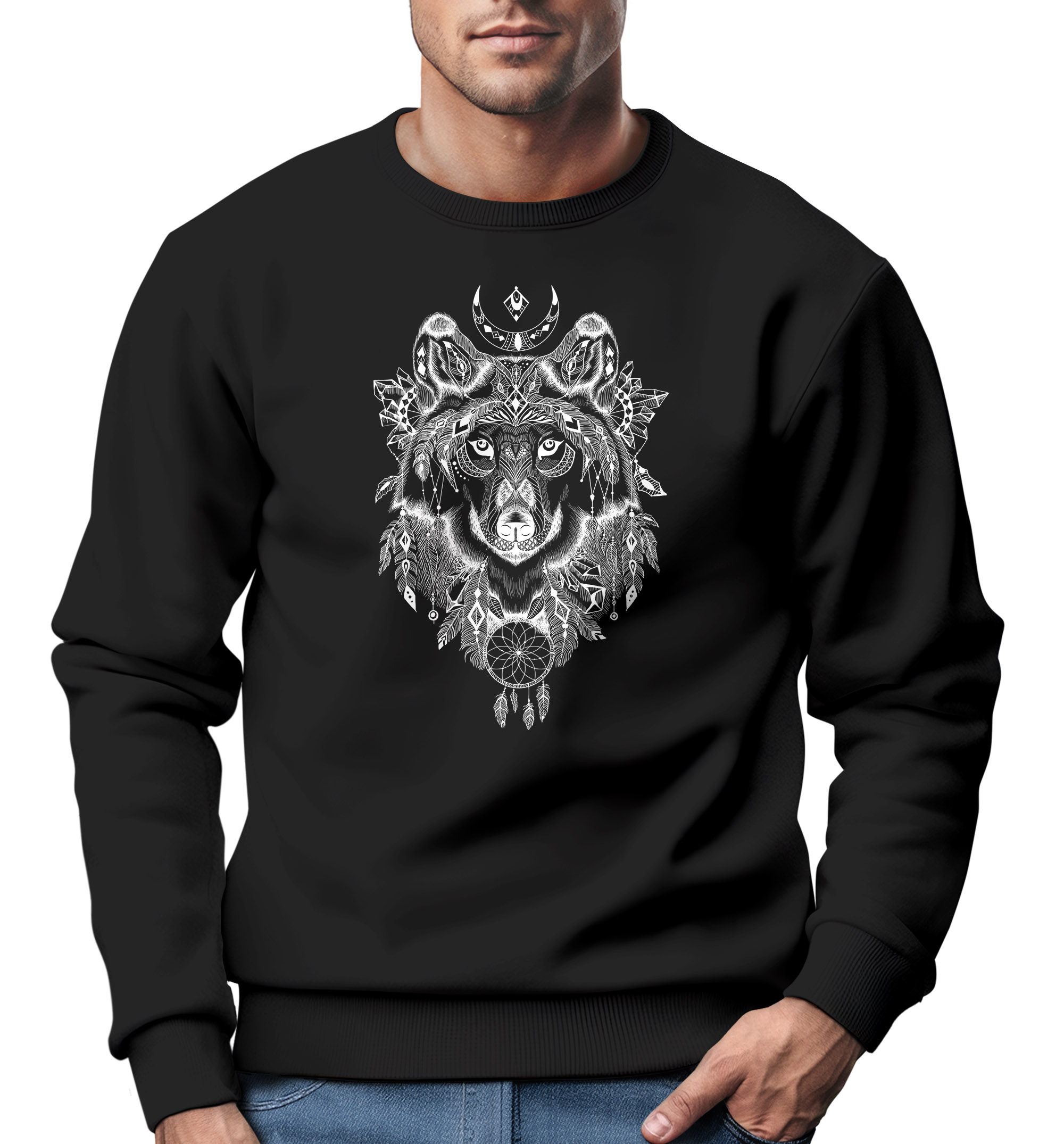 Sweatshirt Herren Aufdruck WolfMotiv Print Boho Bohemian Ethno Style
