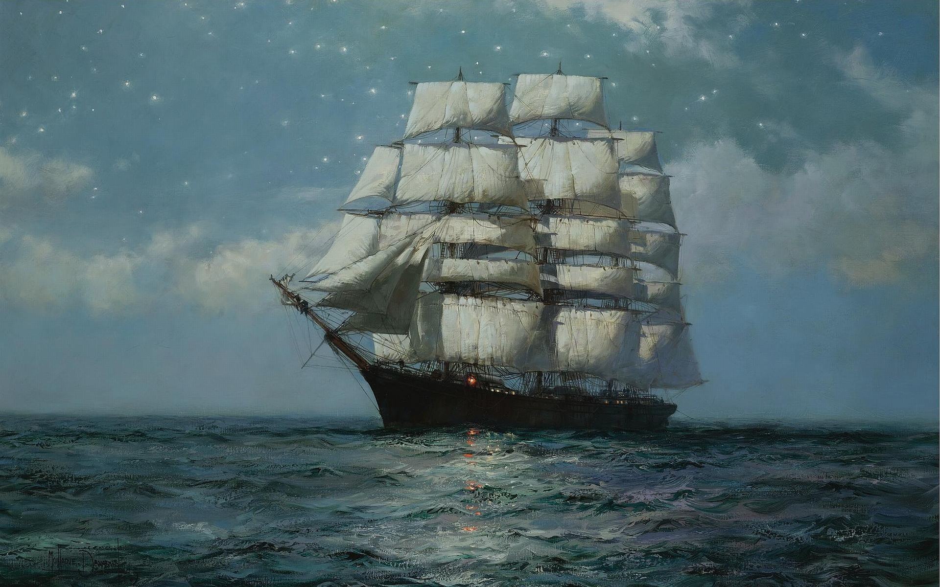 A Clipper Ship in a Moonlit Sea Full HD Wallpaper and Background Image