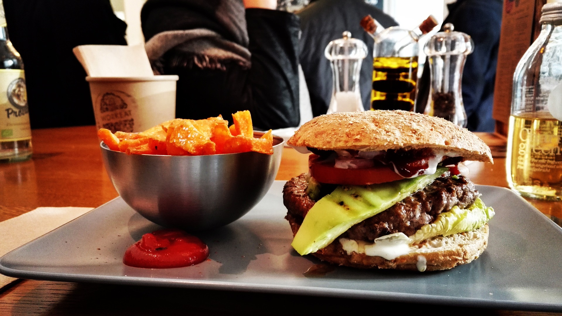 Hamburger and chips fast food dinner Wallpaper and Background Image