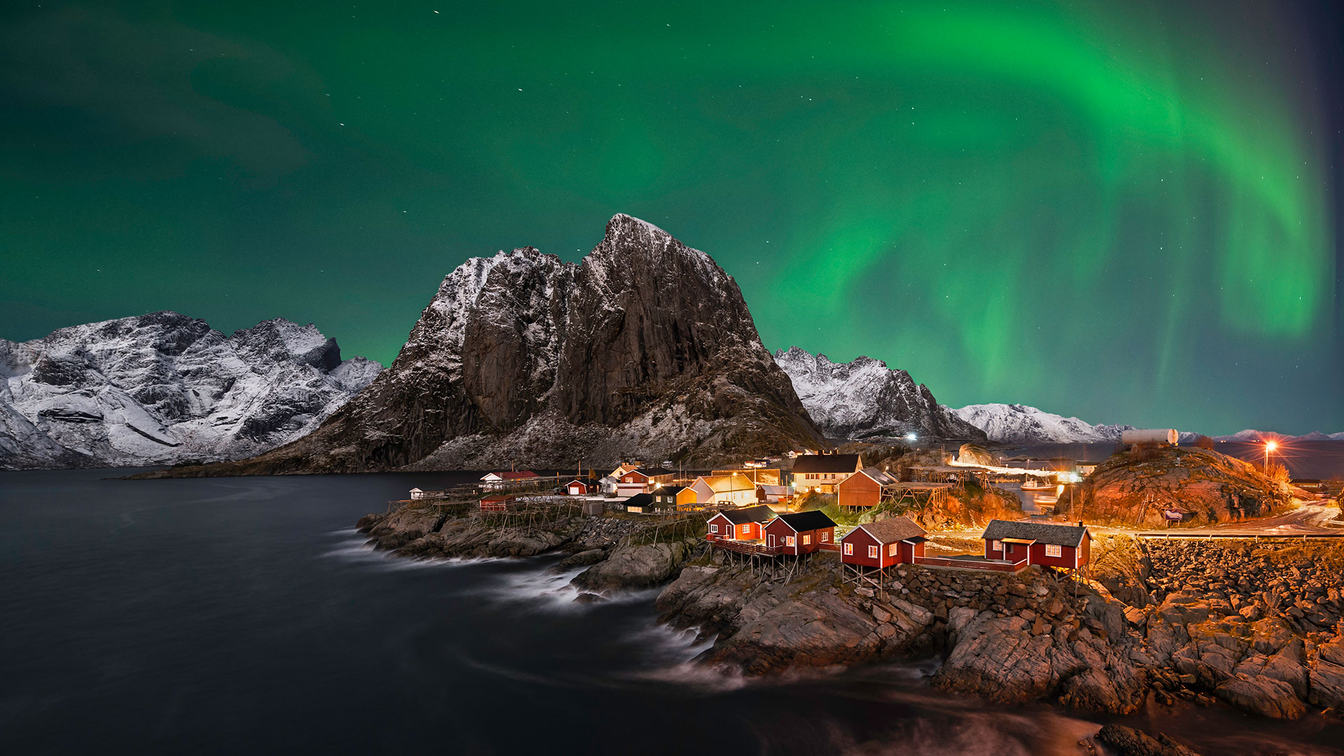 Download Lofoten Reine Night Norway Winter Mountain Light Aurora