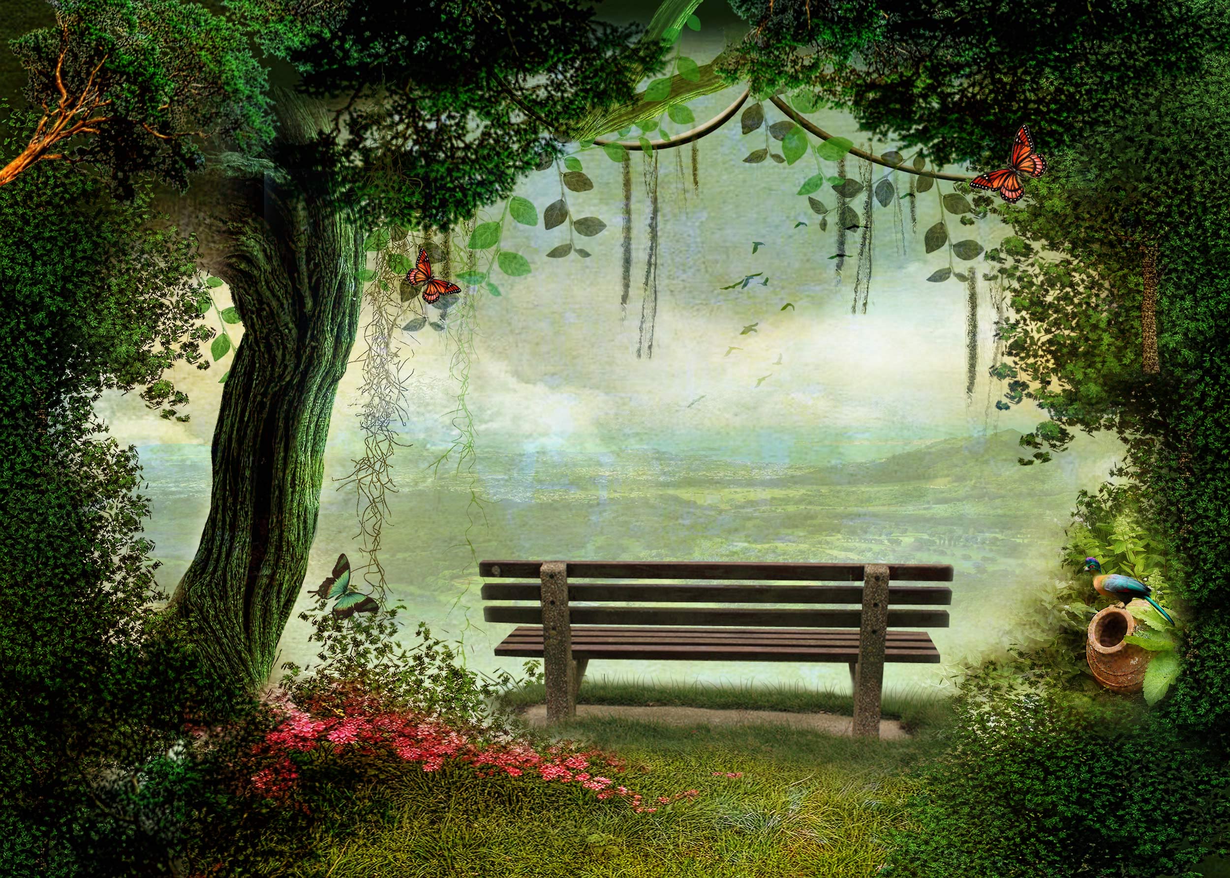 Download Tree Butterfly Flower Bench Artistic Spring HD Wallpaper by
