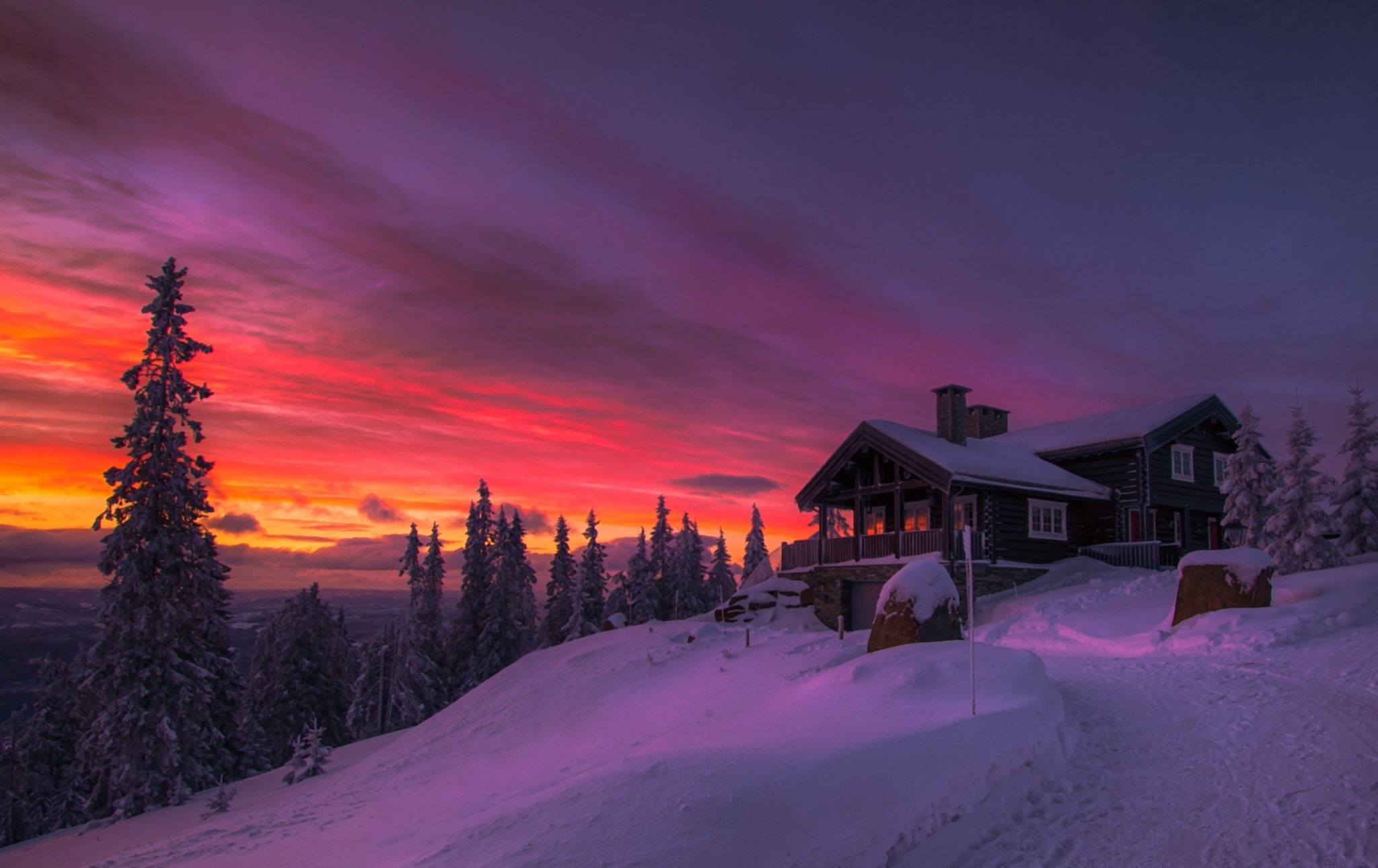 Download Cabin Snow Tree Winter Sunset Man Made House HD Wallpaper