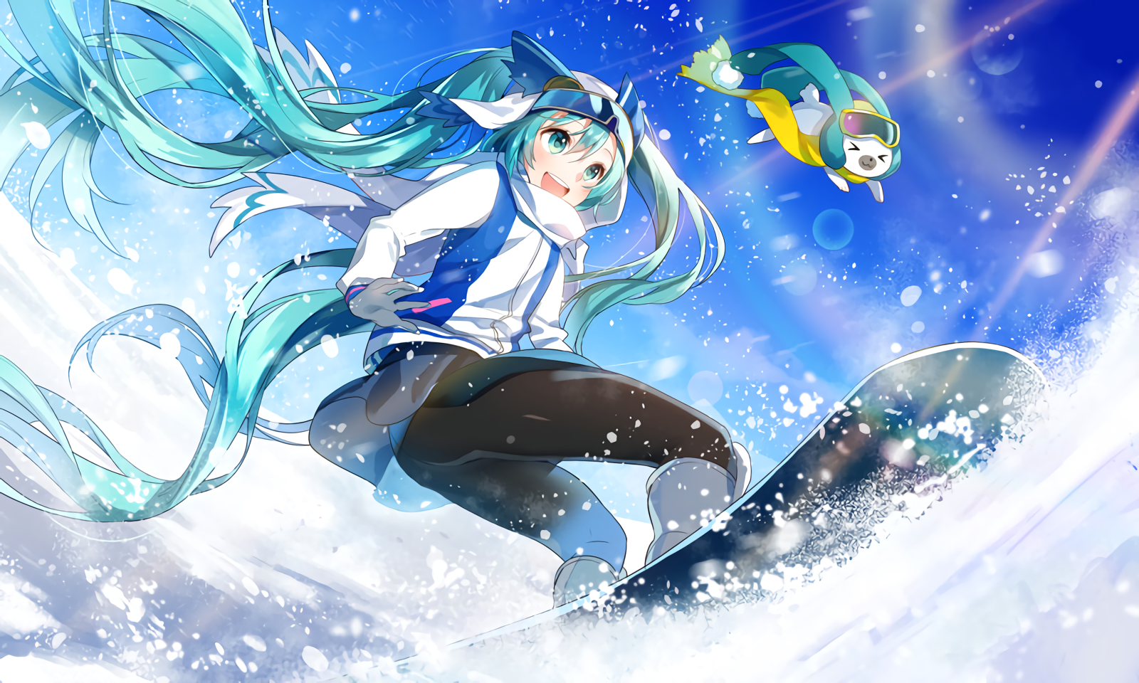 Vibrant Snowboarding Adventure Hatsune Miku HD Wallpaper by 柚希きひろ