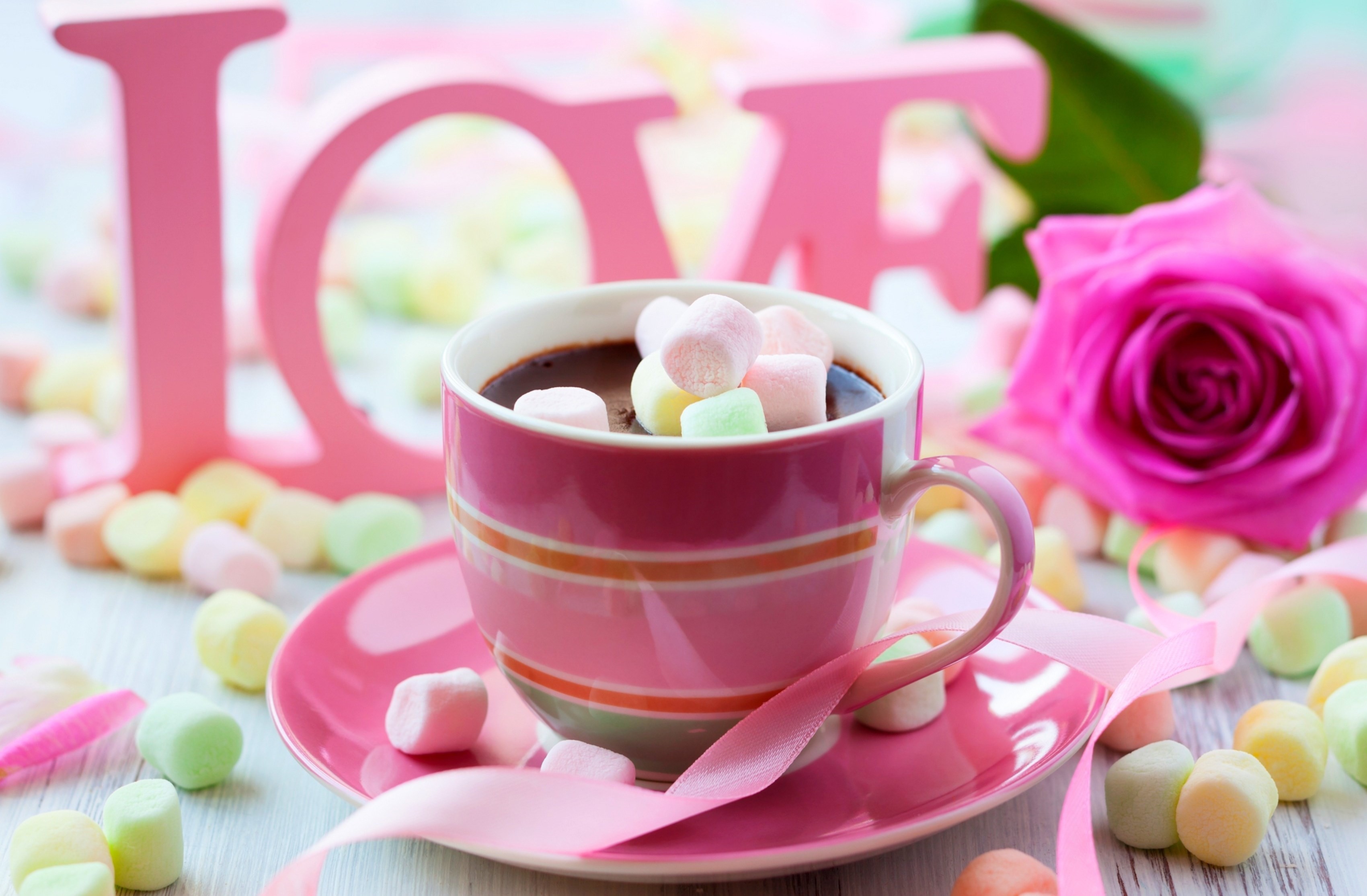 Download Rose Romantic Cup Chocolate Marshmallow Food Drink HD Wallpaper
