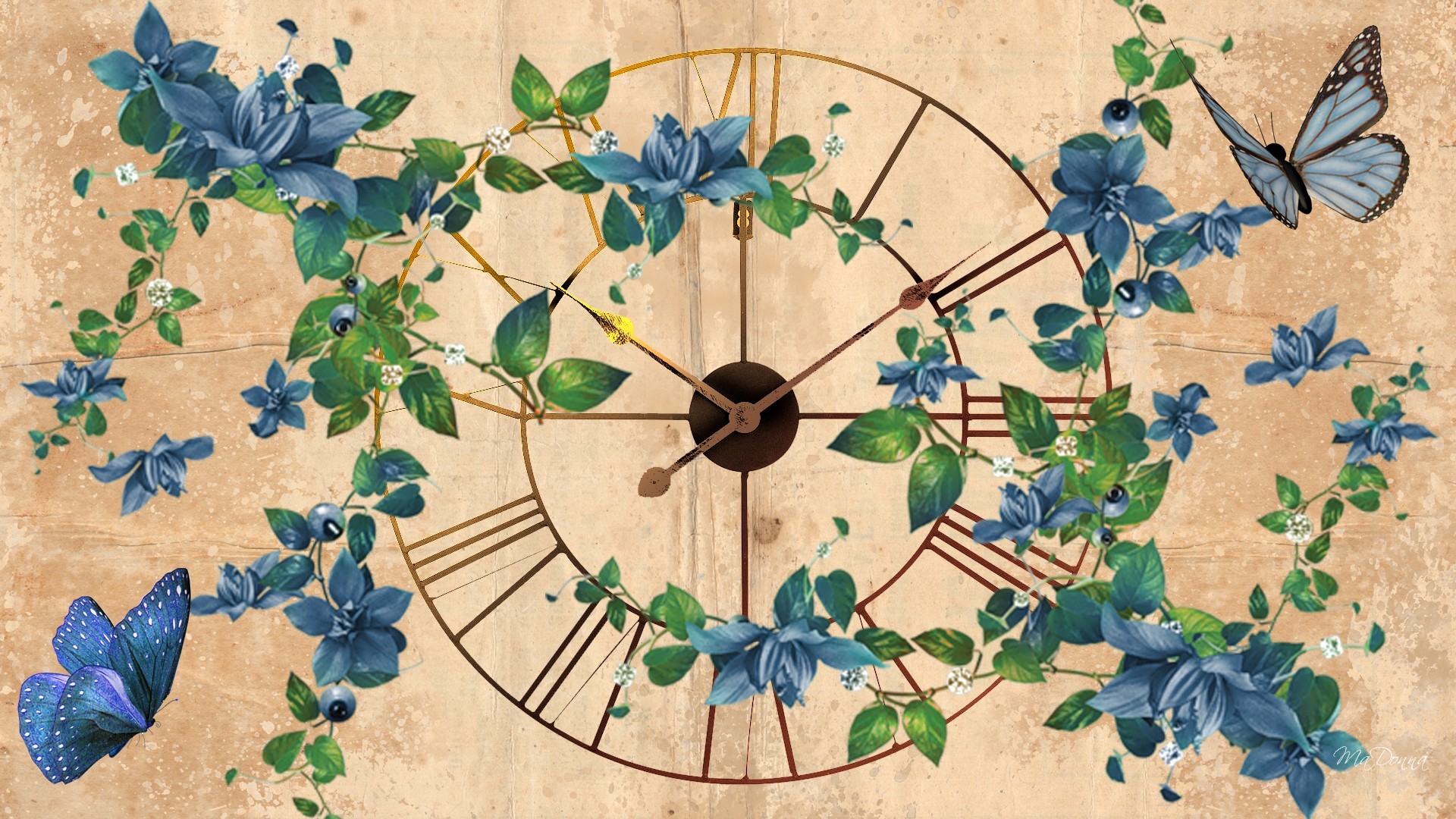 Download Butterfly Flower Blue Artistic Clock HD Wallpaper by MaDonna