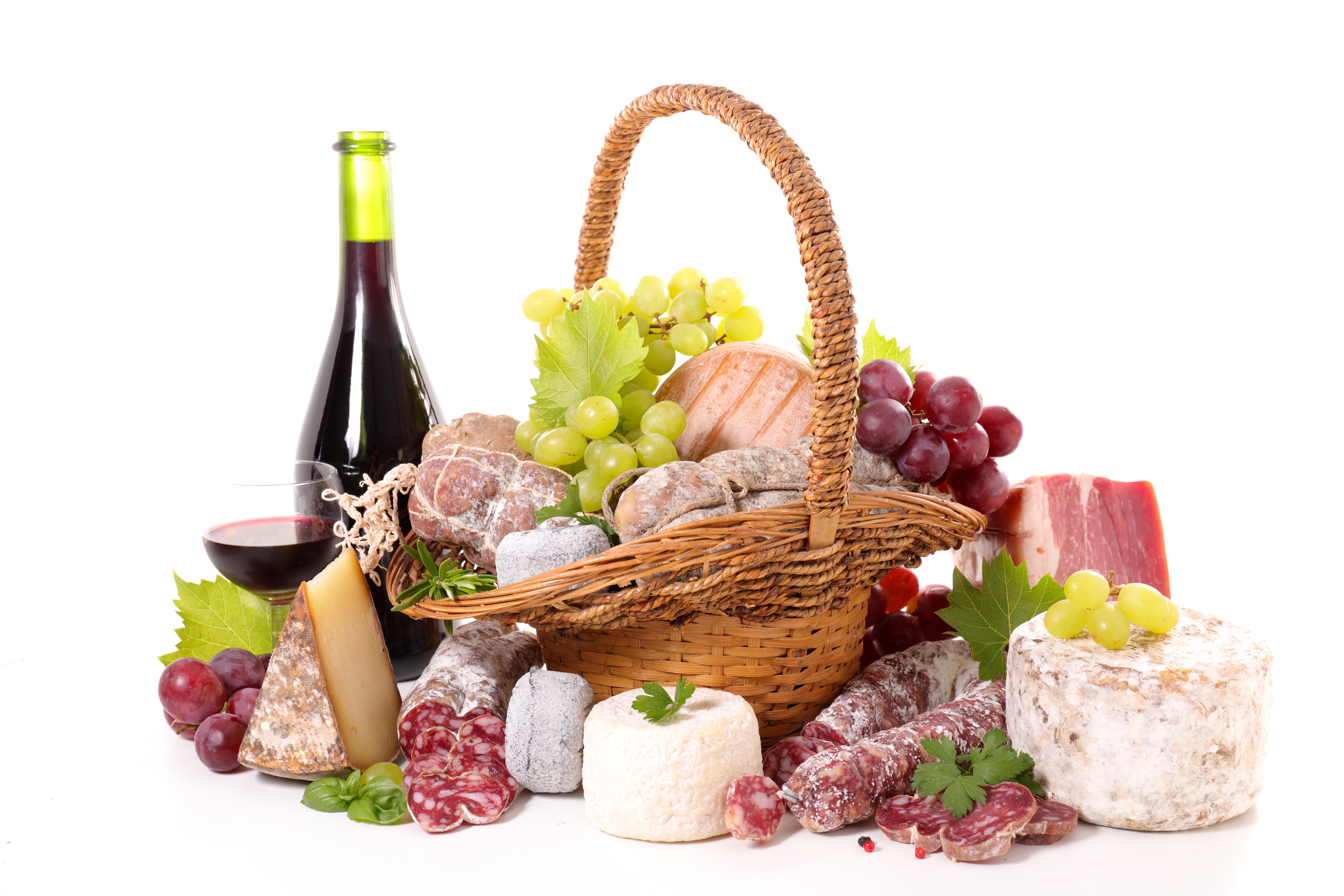 Download Grapes Wine Cheese Meat Basket Food Still Life 8k Ultra HD