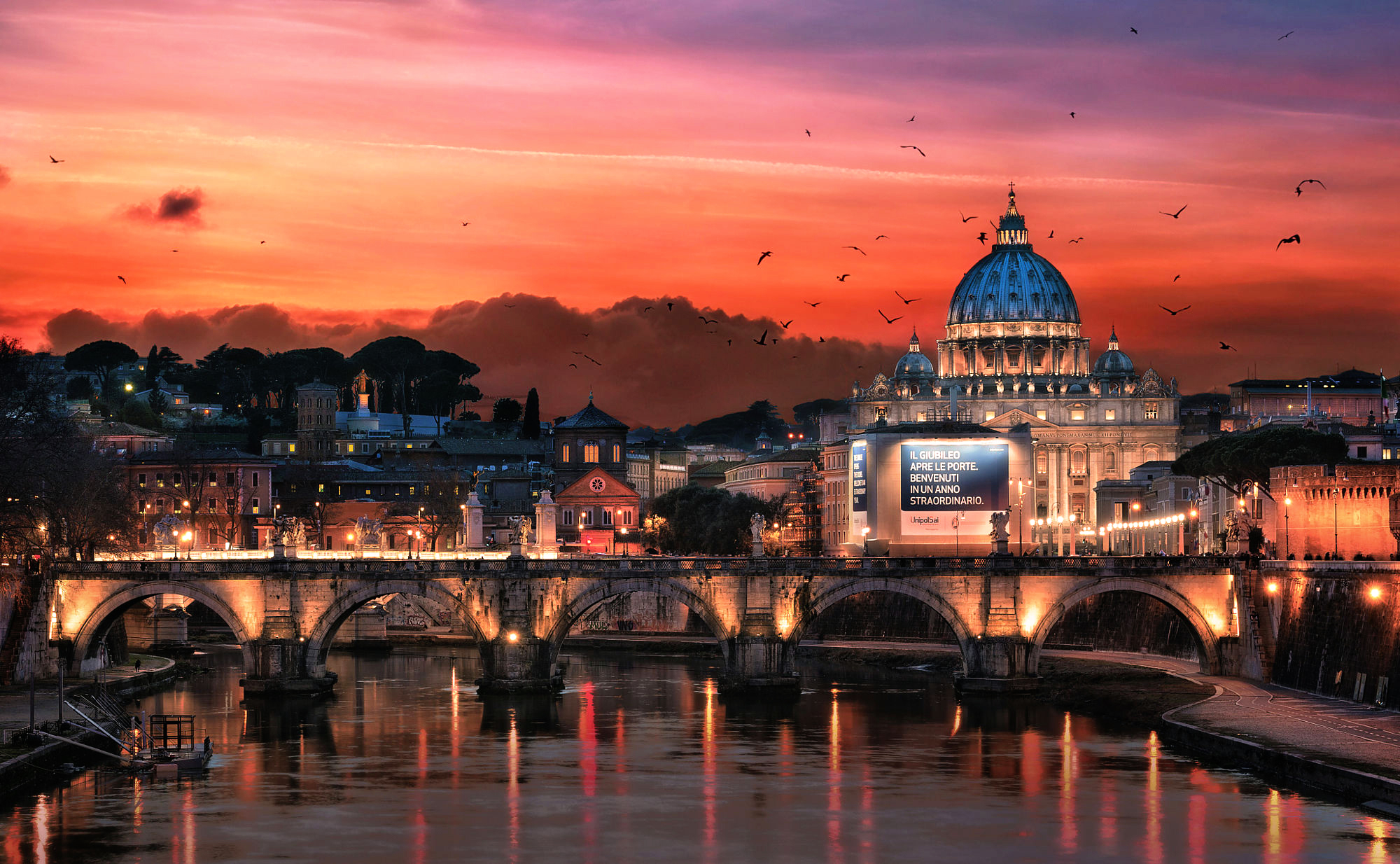 Download Bridge Building Dome River Italy Night Man Made Rome HD Wallpaper