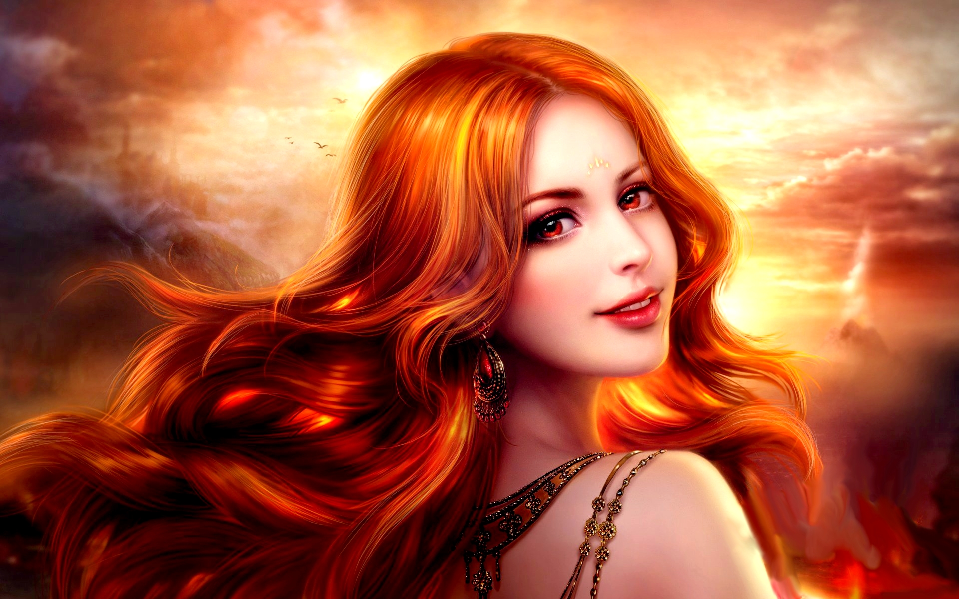 Download Earrings Orange Eyes Smile Redhead Fantasy Woman HD Wallpaper