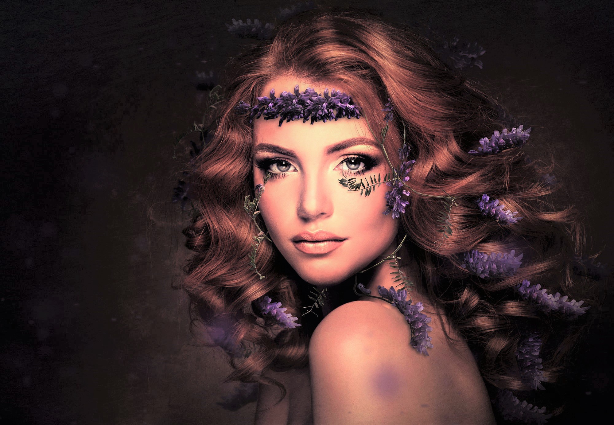 Download Face Purple Flower Hair Flower Woman Model HD Wallpaper