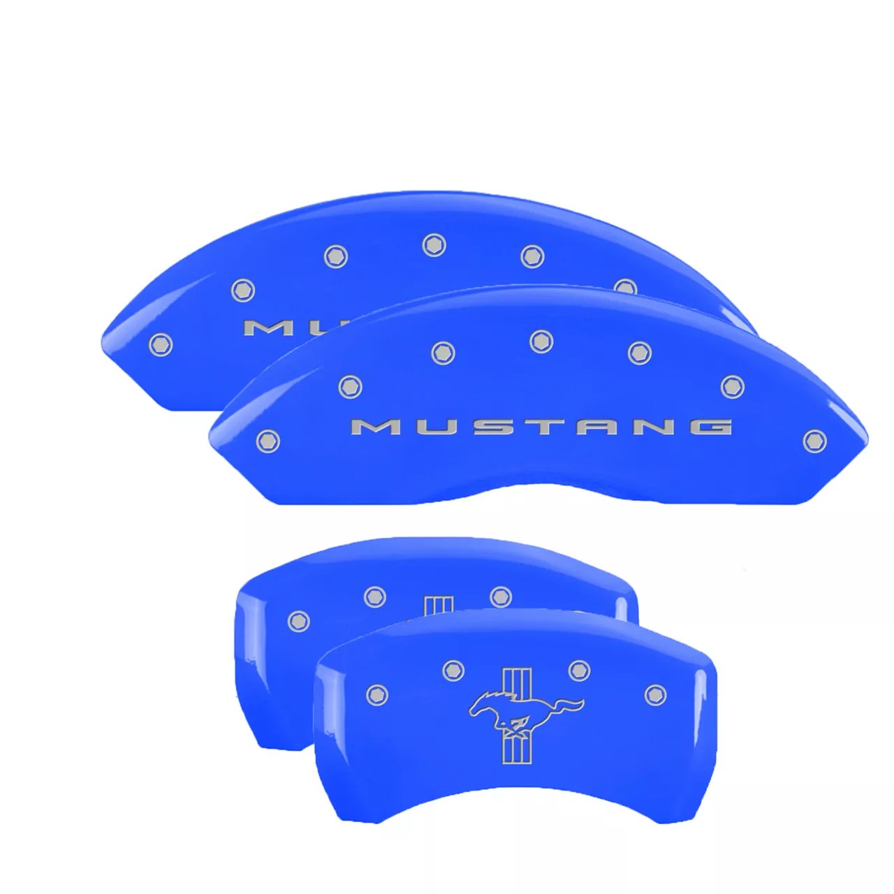 MGP Mustang Grabber Blue Caliper Covers with TriBar Pony Logo; Front