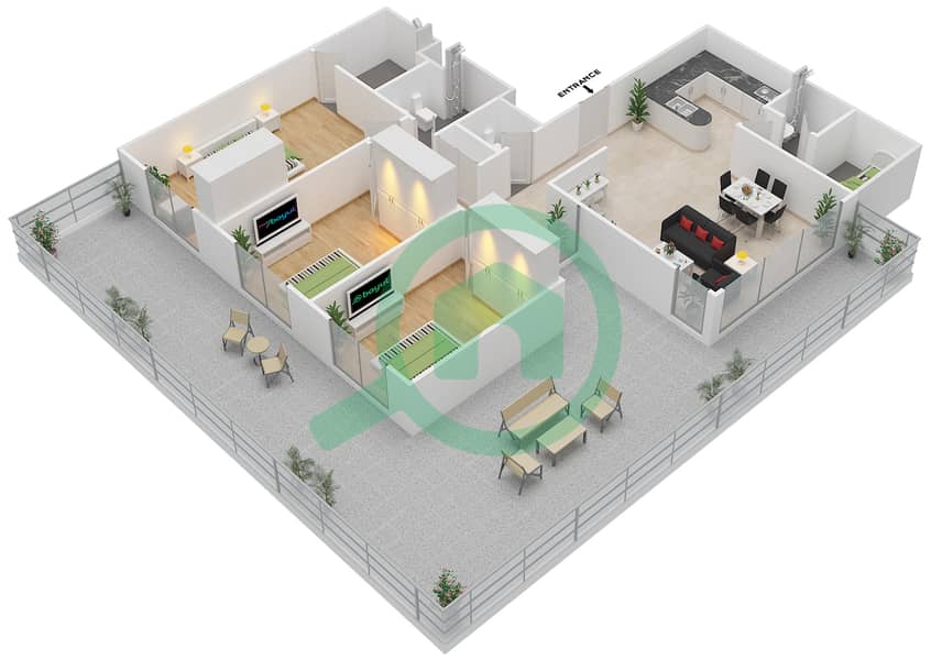 Floor plans for Type 3FG 3bedroom Apartments in Al Reef Downtown