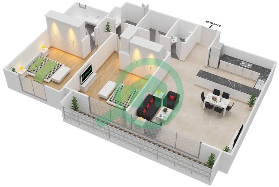 Floor plans for Type 2B 2bedroom Apartments in Al Rayyana Bayut Abu