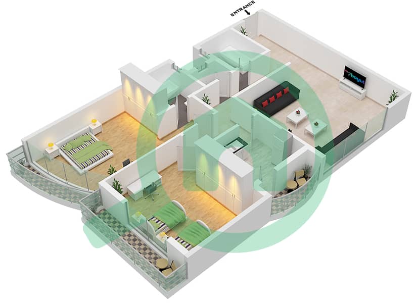 Floor plans for Type A 2bedroom Apartments in Orient Towers Bayut Ajman