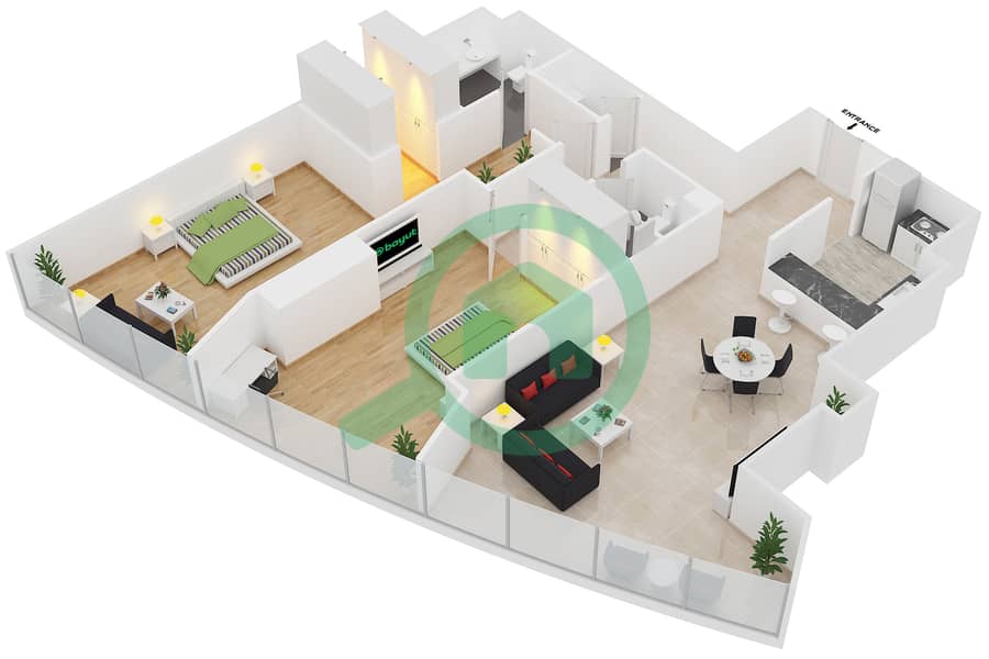 Floor plans for Suite 2 2bedroom Apartments in Sun Tower Bayut Abu Dhabi