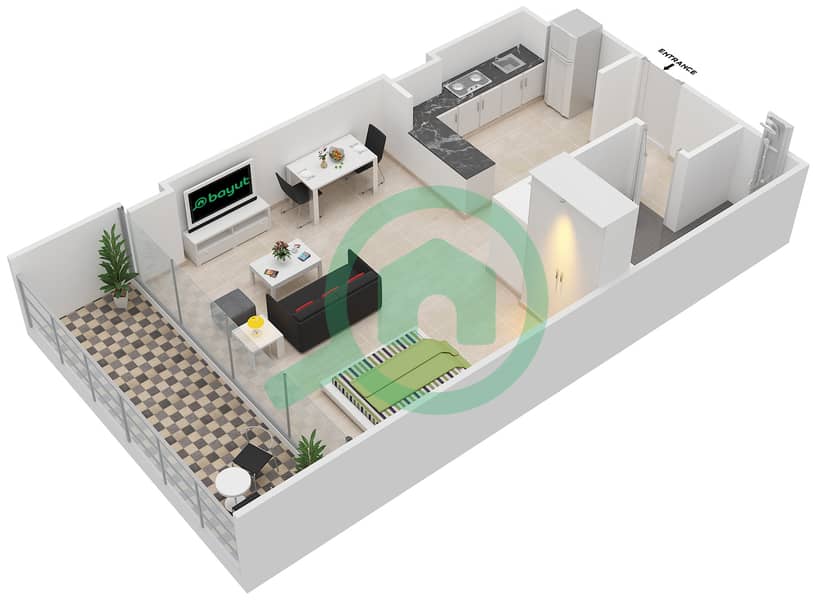 Floor plans for Type A Studio Apartments in Al Hadeel Bayut Abu Dhabi