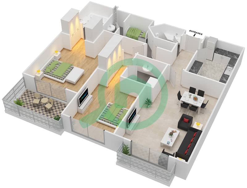 Floor plans for Type C 2bedroom Apartments in Ritaj (Residential