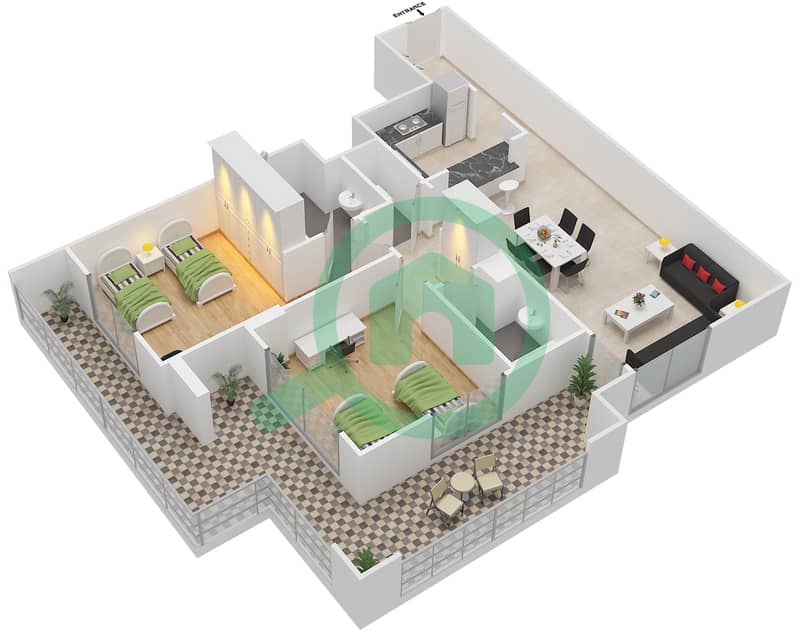 Floor plans for Type DASNAM 1 2bedroom Apartments in Ansam Bayut