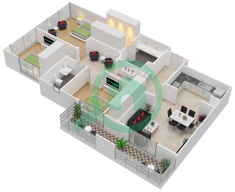 Floor plans for Type R.3 2 FLOOR 3239 3bedroom Apartments in