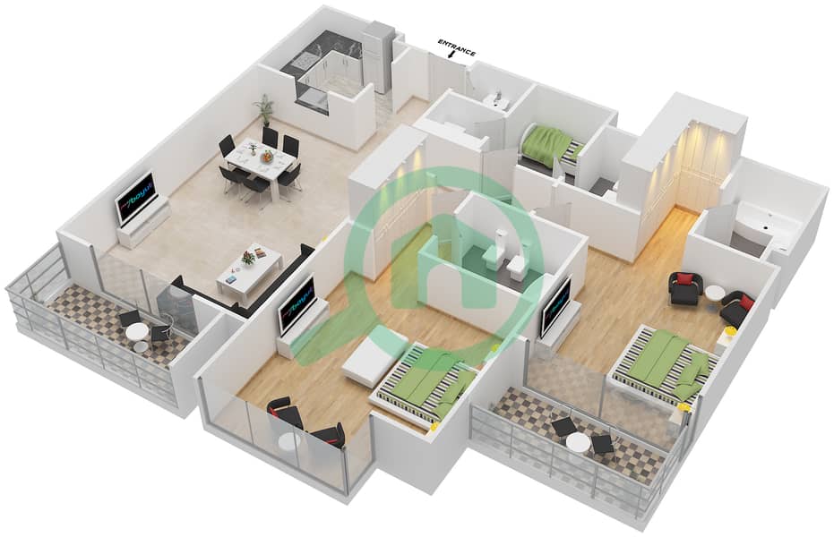 Floor plans for Type 1(2BA) 2bedroom Apartments in Green Lakes 1