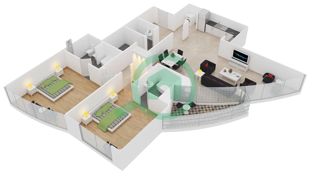 Floor plans for Type C 2bedroom Apartments in Lake Shore Tower Bayut Dubai
