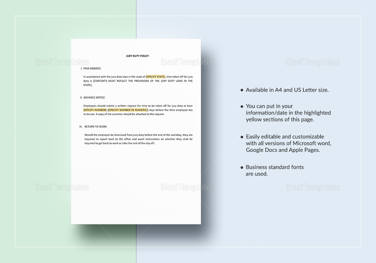 Jury Duty Policy Template in Word, Google Docs, Apple Pages