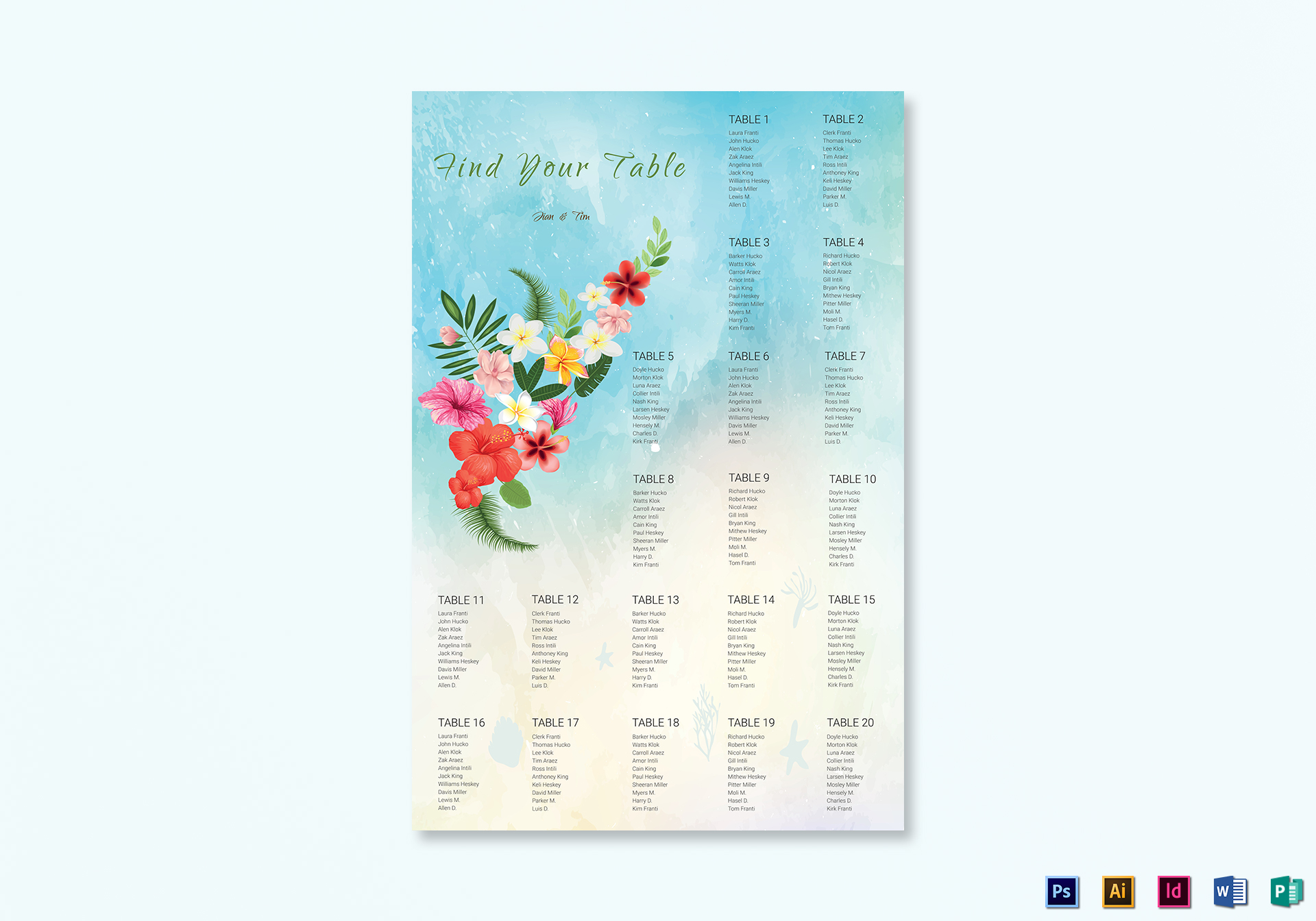 Beach Wedding Seating Chart Template in PSD, Publisher, Illustrator