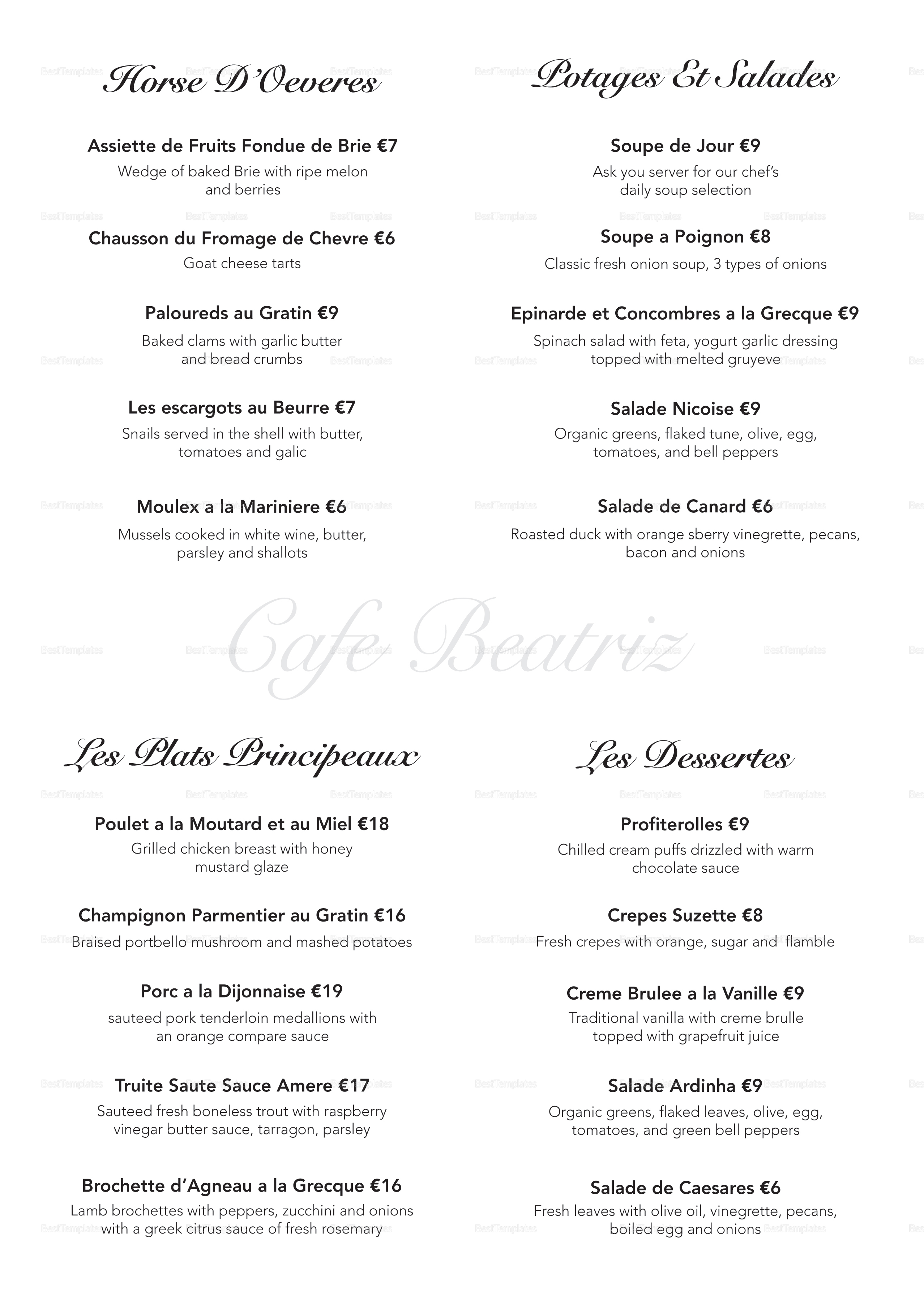 Modern French Menu Design Template in PSD, Word, Publisher, Illustrator