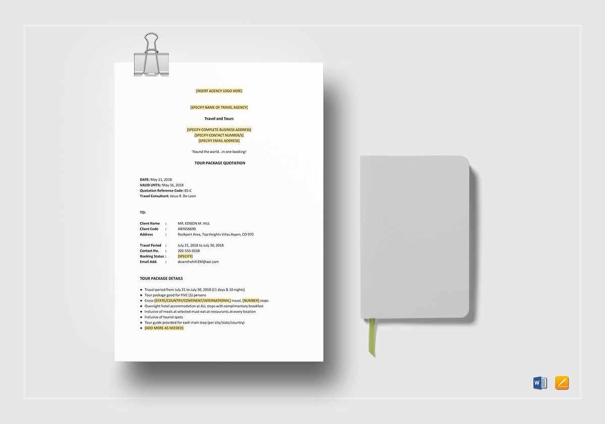 Tour Package Quotation Template in Word, Apple Pages