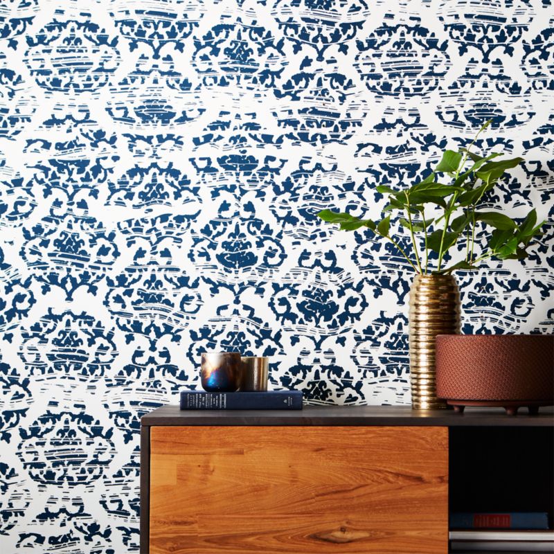 damask navy and white traditional paste wallpaper CB2