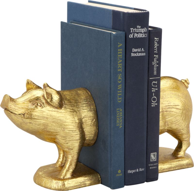 set of 2 gold pig bookends CB2