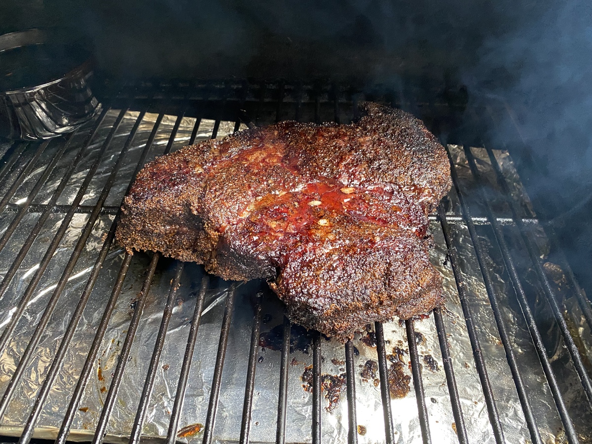Tried smoking first brisketstyle chuck roast overnight.