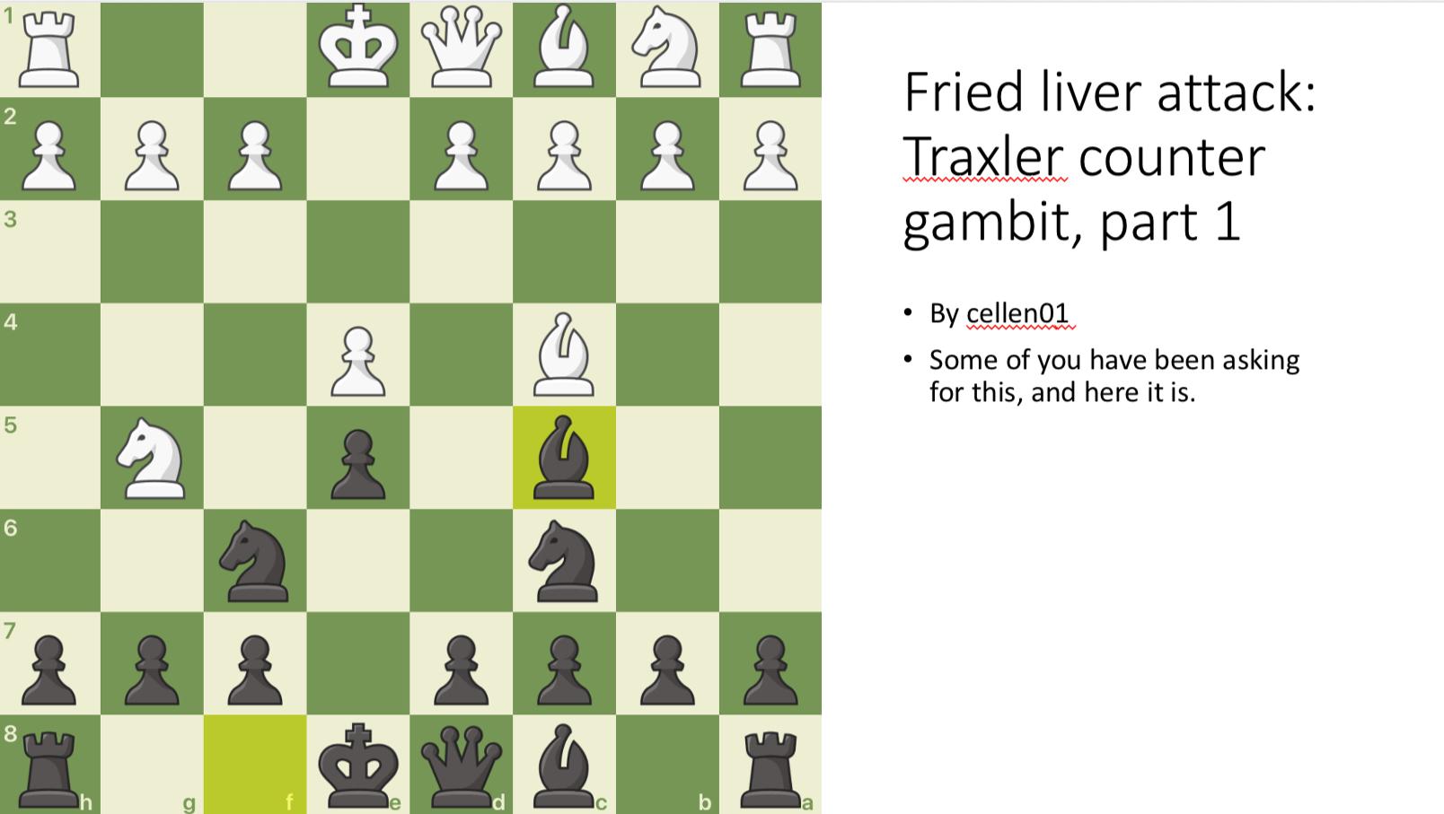 Fried liver attack Traxler counter Gambit Part 1