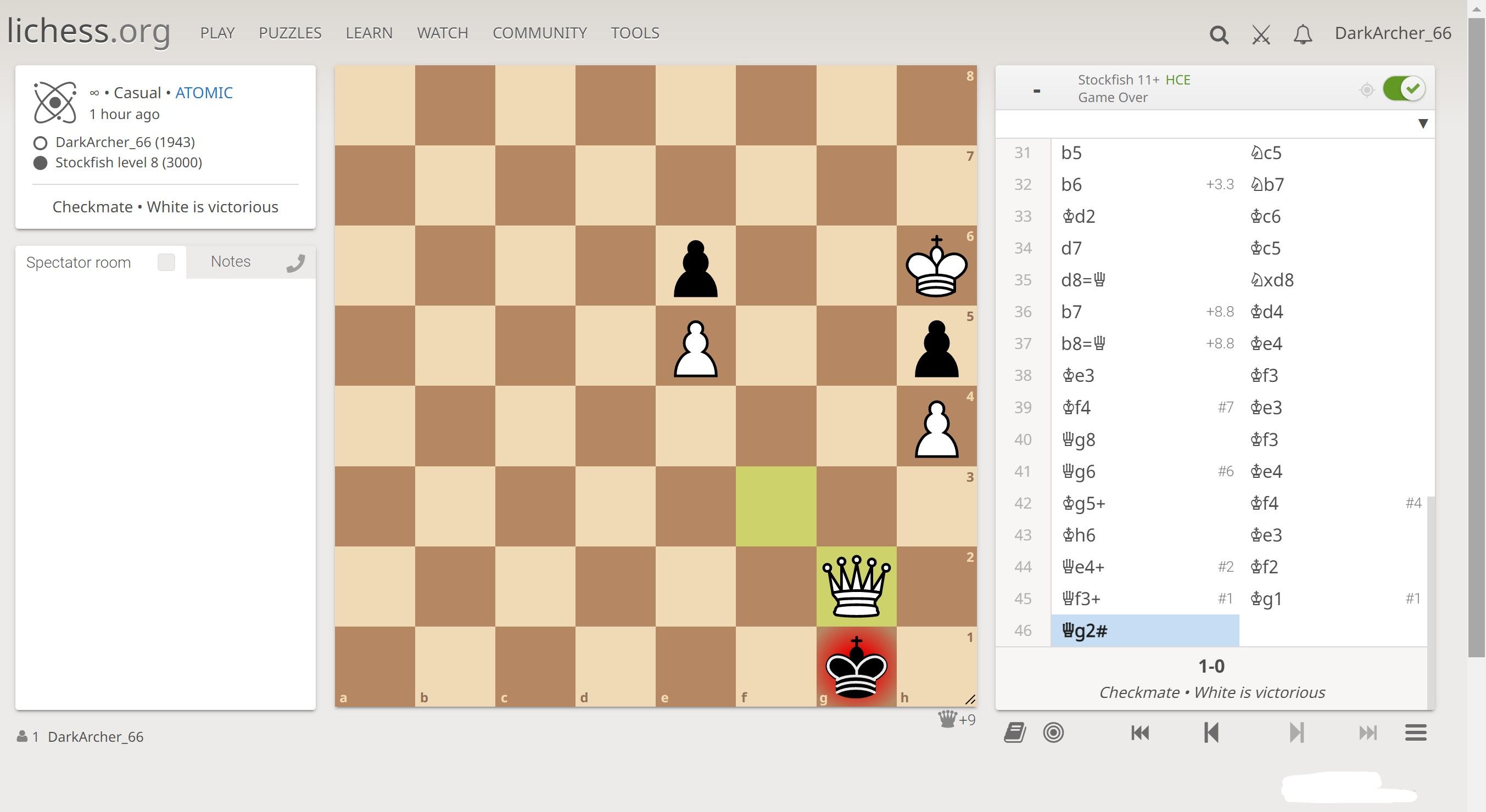 I beat Stockfish Level 8 (rating 3000) in atomic!!