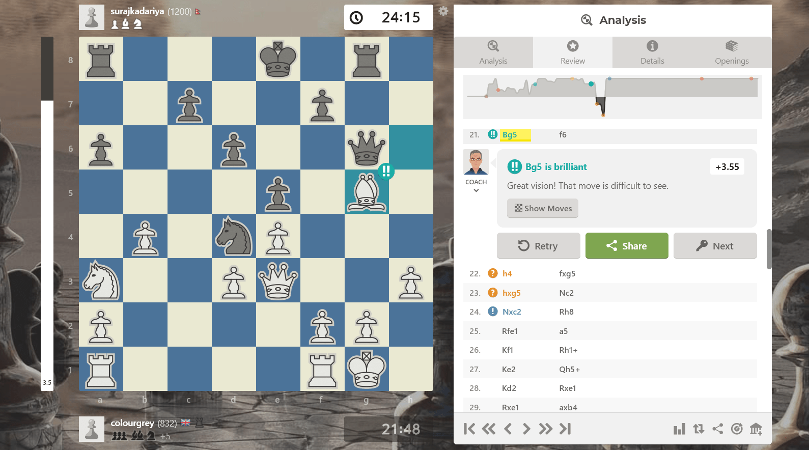 크...브릴리언트(느낌표 두개짜리) 두개,그레잇무브(느낌표한개짜리) 한개 너무 기분좋네요 Chess Forums