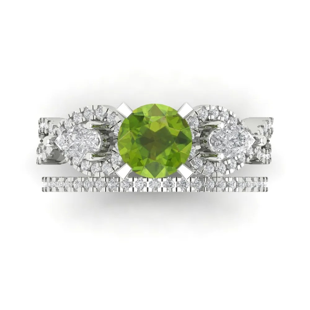 2 Round Pear 3 stone Real Peridot Wedding Statement Ring set 14k White