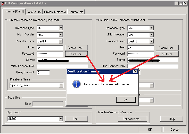 'xxx_Forms' is not a valid Application Database or User 'sa' does not