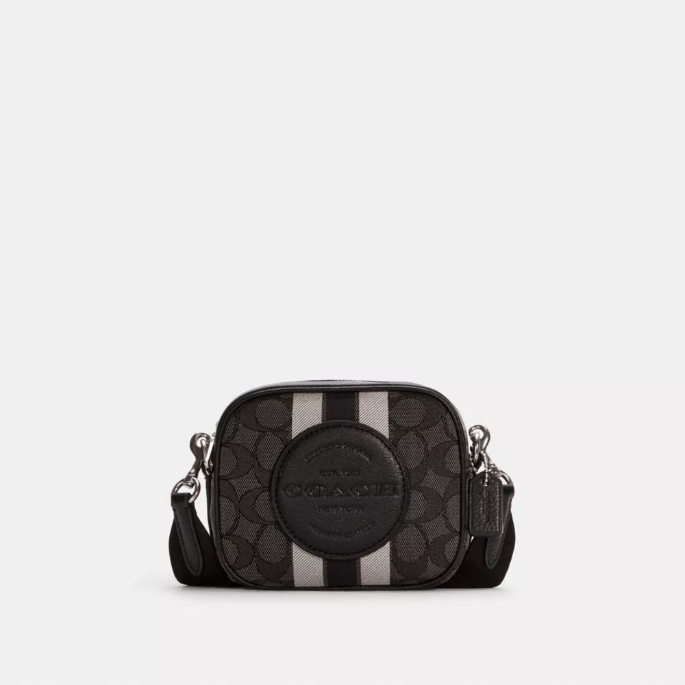 Coach Women's Mini Dempsey Camera Bag In Signature Jacquard With Stripe And Patch In Silver