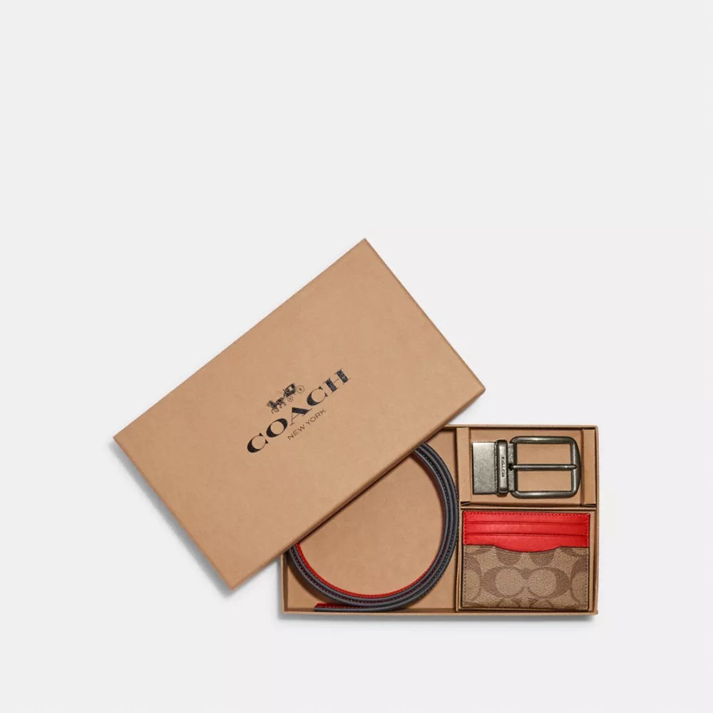 Coach Outlet Boxed Card Case And Belt Gift Set In Colorblock Signature Canvas In Beige ModeSens