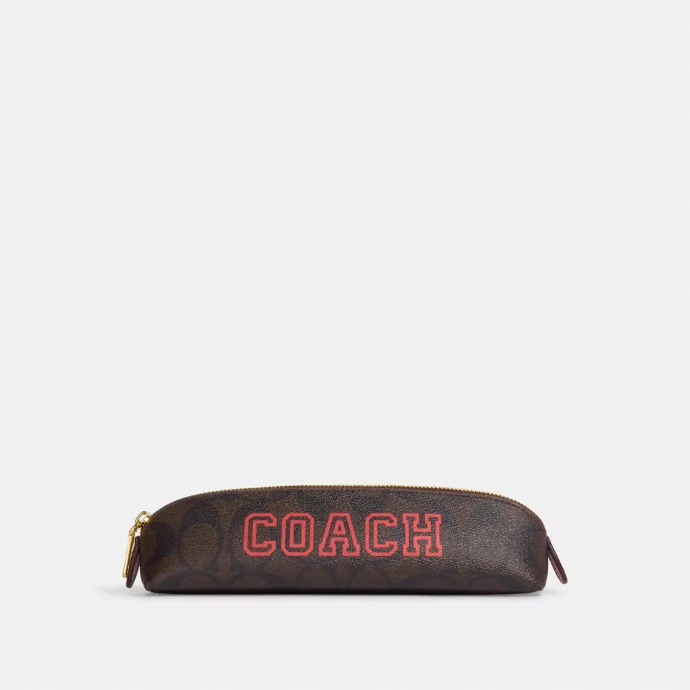 Coach Pencil Case In Signature Canvas With Varsity Motif In Brown