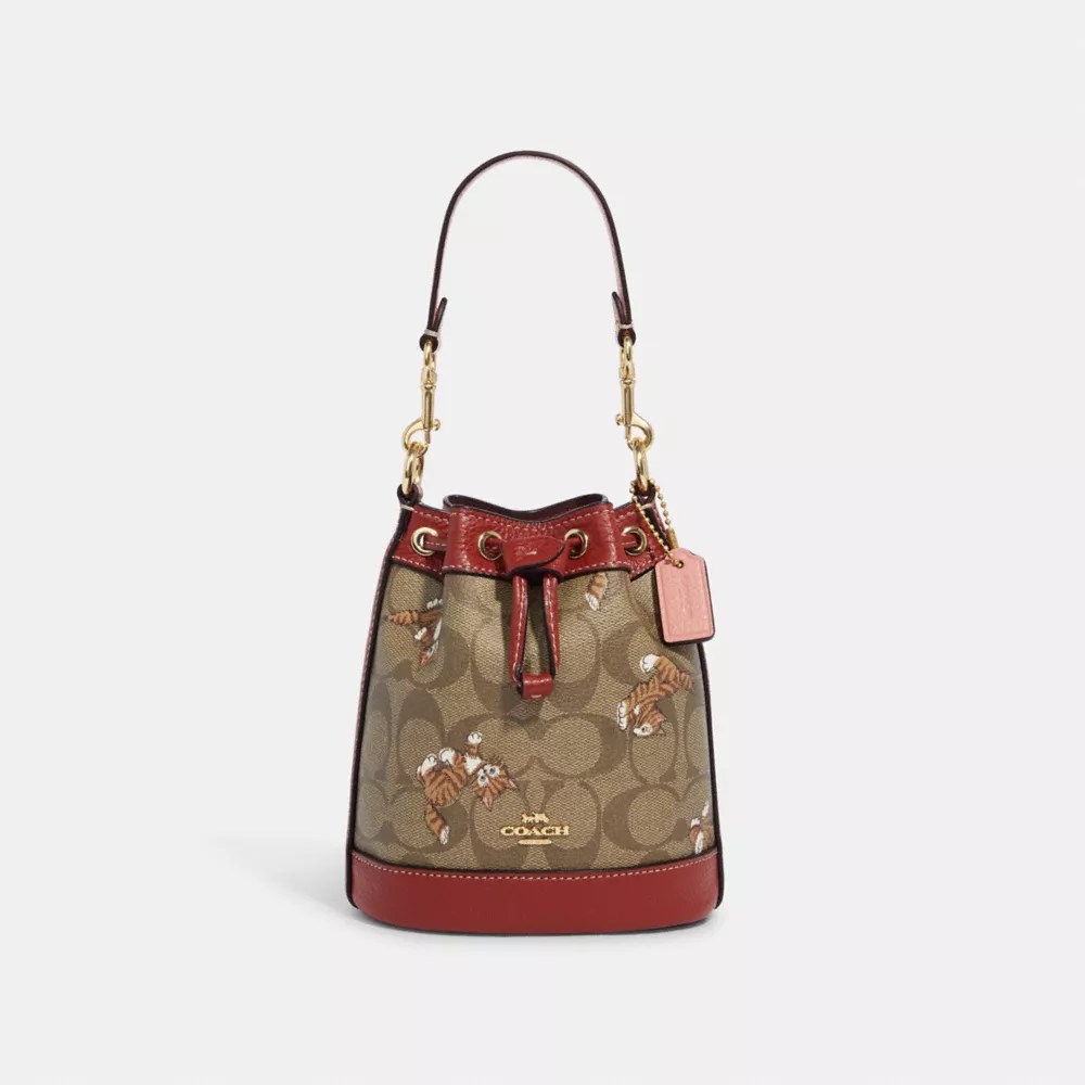 Coach Mini Dempsey Bucket Bag In Signature Canvas With Dancing Kitten Print