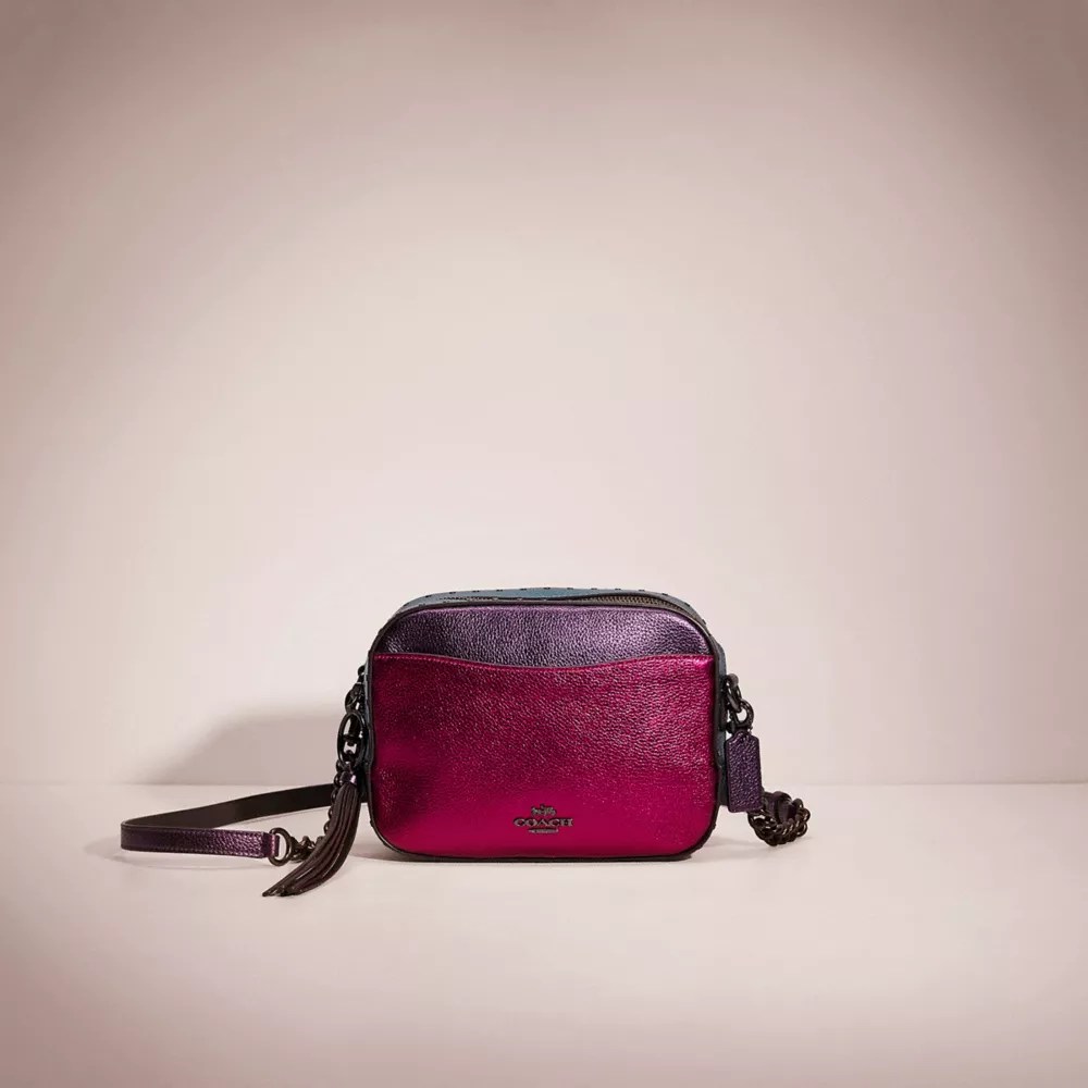 Coach Restored Camera Bag With Rivets In Pewter/metallic Dark Pink