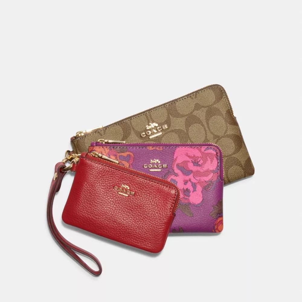 COACH® Corner Zip Wristlet Trio With Signature Canvas And Peony Print