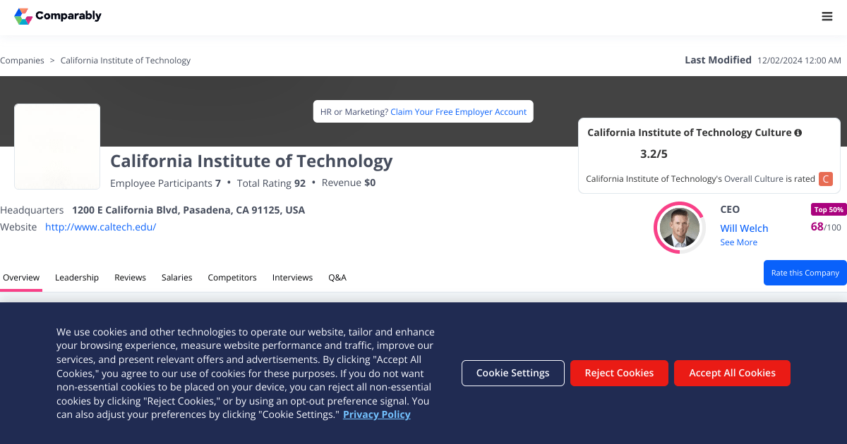California Institute of Technology's Company Culture, Scored on 18