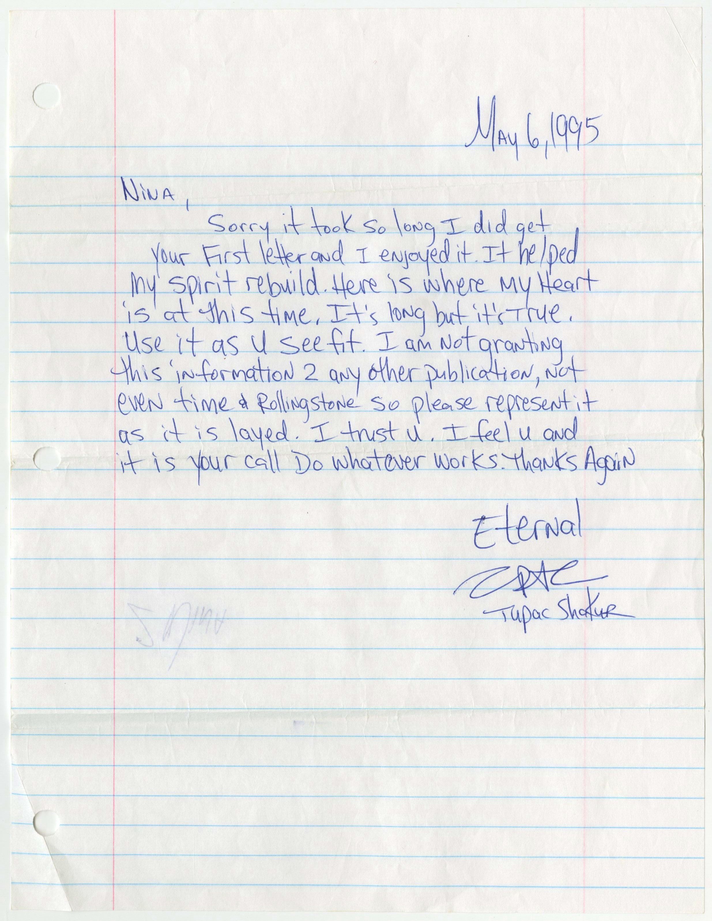 Letter Tupac Shakur Wrote From Prison Sold at Auction for 172,725
