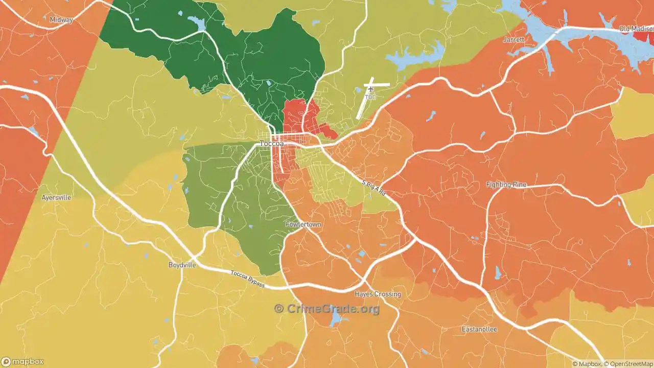 Toccoa, GA Assault Rates and Assault Maps