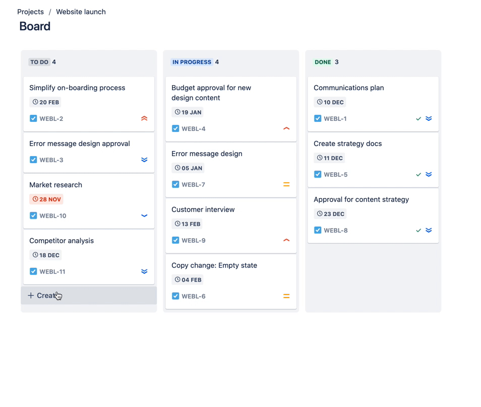 Create and edit issues and subtasks on the board Jira Work Management