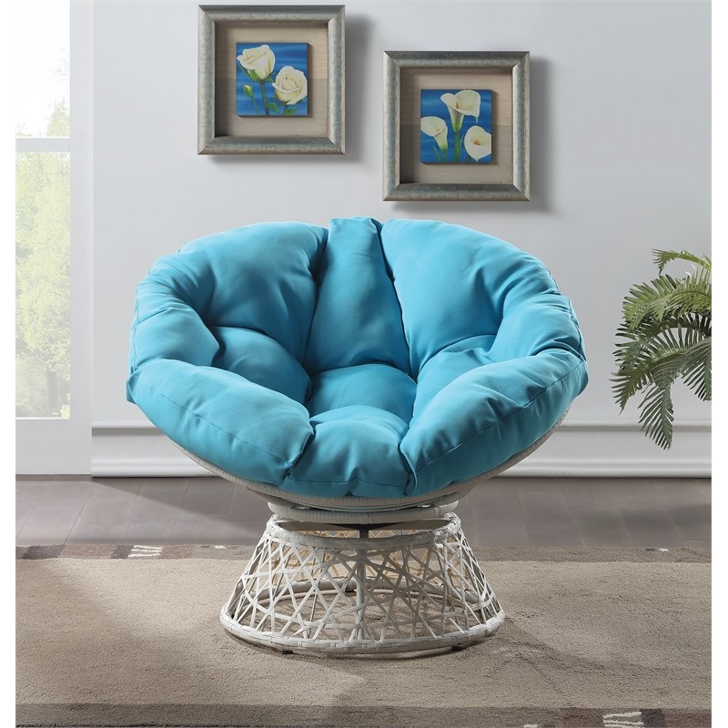 Papasan Chair with Blue Round Fabric Pillow Cushion and Cream Wicker