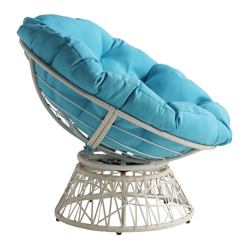Papasan Chair with Blue Round Fabric Pillow Cushion and Cream Wicker