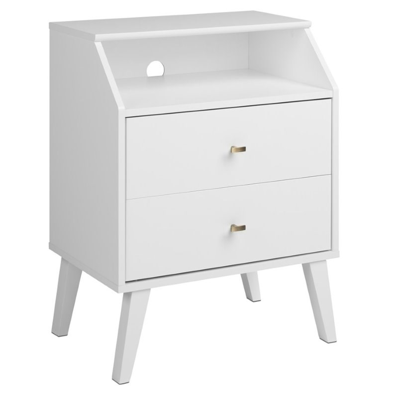 Prepac Milo Mid Century Modern 2 Drawer Nightstand with Cubby in White